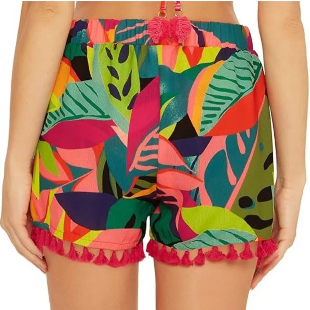 Trina Turk Rainforest Fringe Cover Up Shorts XS Pink Green Tropical‎